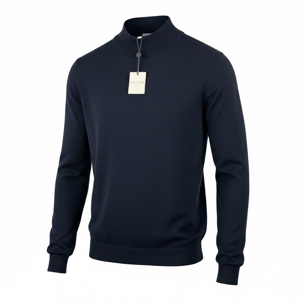 Jack Victor Mock Neck Sweater sz L Navy fine Merino Wool Silk Italy preppy